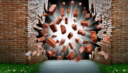 a large hole in red brick wall with blowing pieces of bricks