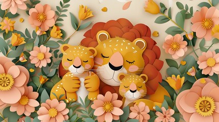 Adorable paper-cut style illustration showcasing a lovable lion family surrounded by flowers.Family...