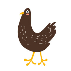 Vector drawing of a bird in doodle style, isolated on a white background. Chicken, birds on the farm, funny bird image, can be used for children's prints and books.
