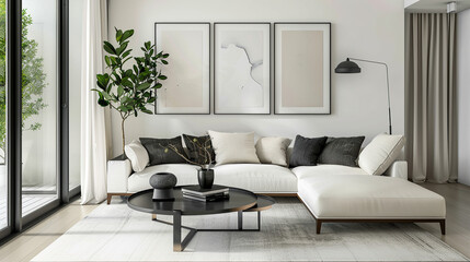 Modern living room interior with white sofa and paintings