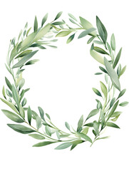 Watercolor wreath frame with green olive leaves and on white background 