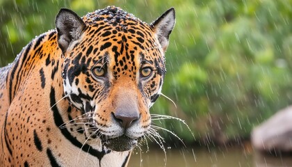 close up of a jaguar stalking prey in the rain