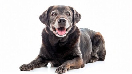 A black dog is sitting on a white background.