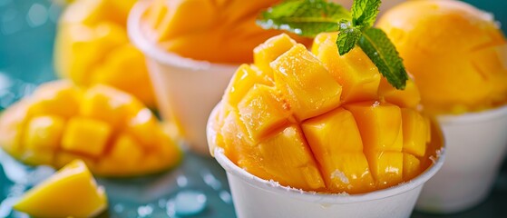 Mangoes are in cups with mint leaves.