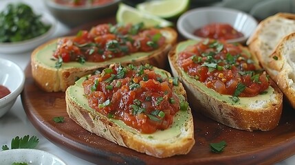   A wooden plate features sliced bread drenched in marinara sauce and finished with fresh cilantro