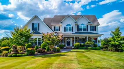 Fototapeta premium A beautiful home with a large lawn and landscaping.