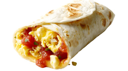  A delicious breakfast burrito filled with eggs, cheese, and salsa, cut open to reveal its contents,, transparent background