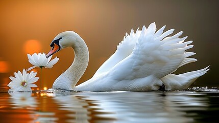   Swan swimming in water with flower in beak, reflection on water