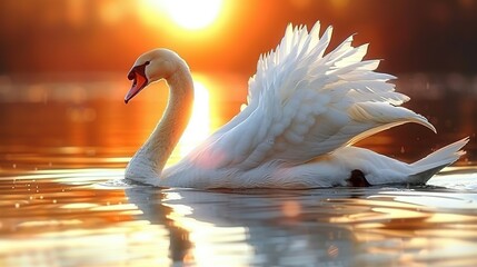   White swan glides atop shimmering water under golden sun