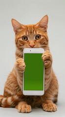 A cute orange cat is sitting on the ground, holding an iPhone with its paws and showing it to you in front of his face. The screen of your phone has been replaced by a green background. White studio b