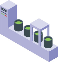 Vector isometric illustration of a conveyor belt with green barrels in a manufacturing setting