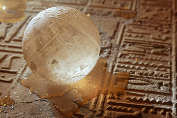 Crystal globe with carved ancient symbols rests on a hieroglyphic stone surface glowing warmly