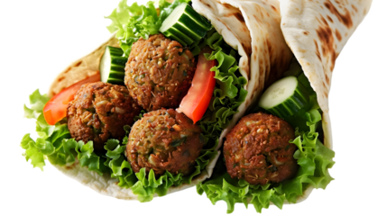  A delicious falafel wrap filled with crispy falafel balls, chopped cucumbers, tomatoes, lettuce, and tahini sauce, resting neatly, transparent background