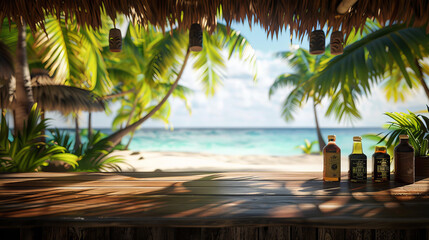 Fototapeta premium front view of a tiki bar counter top with the beach and palm trees in the background