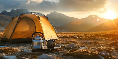 Camping at Sunset: Tea Pot and Tent in the Mountains. Concept Sunset Camping, Tea Pot, Tent, Mountains, Outdoor Adventure