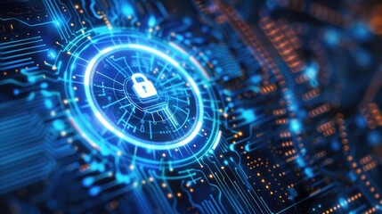 Obraz premium Digital Security Concept Illustration: Glowing Padlock on Futuristic Blue Circuit Board Background. Digital Security, Cybersecurity and Metadata protection concept