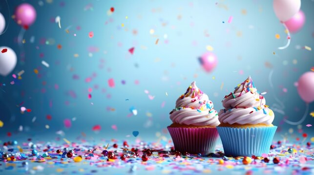 Two cupcakes with creamy peaks on holiday festive background with confetti and balloons. Baby shower theme