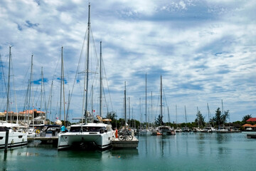 Antigua, Caribbean. Multiple boats at the dock in Jolly Harbor. 