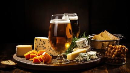 A cold mug of beer with foam and various cheese snacks. Beer and food concept on dark stone background. Restaurant advertising, menu, banner.