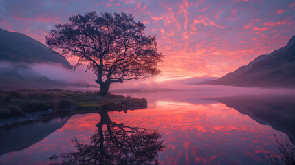 the sunsets around nature and the hill within as the tree looks  its reflection in the sea 