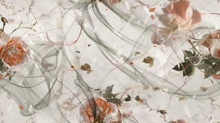   White and Grey Background with Swirling Flowers - A picture featuring a group of flowers against a backdrop of white and grey, with swirls and other floral elements filling the
