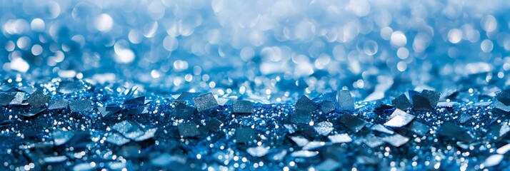 A sparkling close-up image showcasing the texture and shimmer of blue crystals, resembling a magical or festive concept