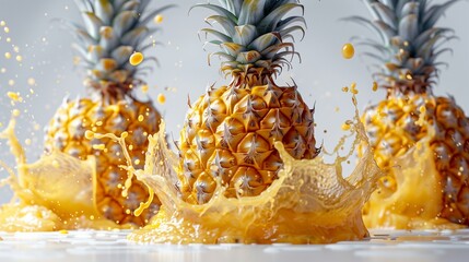 Golden Pineapple with Juice Splashes on White - Vibrant Tropical Fruit Splash Photography