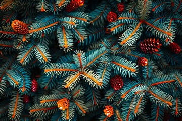 Background green spruce branches. Nativity festive texture, xmas wallpaper, december banner, winter event postcard, greeting card, holiday invitation. Wintertime plants backdrop close up, copy space.