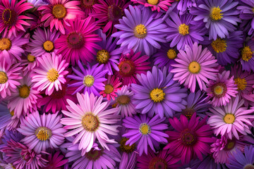 Fototapeta premium Background top view pink, purple asters, daisies flowers. Postcard birthday, womans, mothers holiday, wedding invitation, event banner, flat lay style. Summertime floral texture close up, copy space.