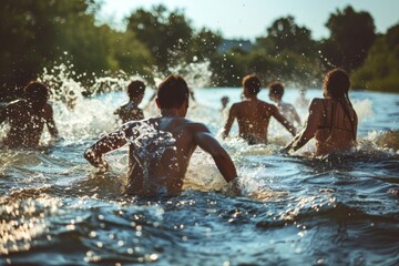 Children splashing in lake water during a joyous summer camp activity