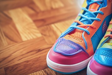 Colorful basketball sneakers on wooden floor