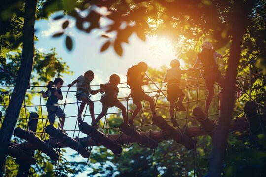 Children enjoying a high rope adventure course in a summer camp at sunset