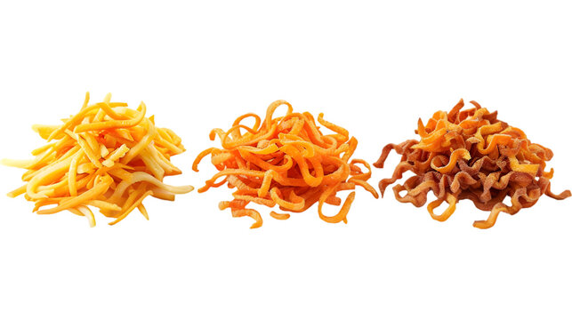  A diverse trio of shoestring fries, curly fries, and sweet potato fries displayed in neat rows, transparent background