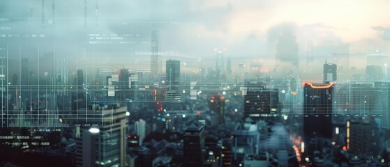 Naklejka premium Close up of a cityscape where environmental degradation is visible through layers of augmented reality