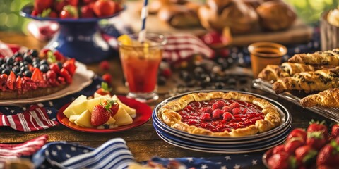 A spread of desserts and snacks on a table with a patriotic American theme decor