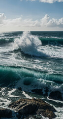 Fototapeta premium Beauty of marine nature, strength and power of the water element in form of a large turquoise sea wave crashing on shore
