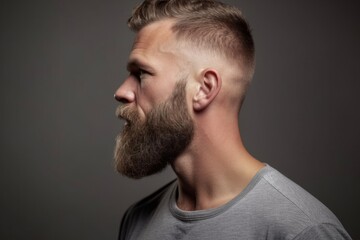 portrait of a handsome man in profile with beard and short hair style, he has grey t-shirt and confident view on grey background. the man looks away.