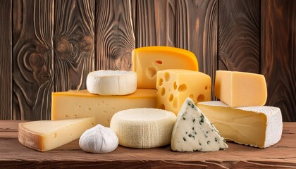 different kinds of cheese on rustic wooden table in front of dark wooden background productive ai