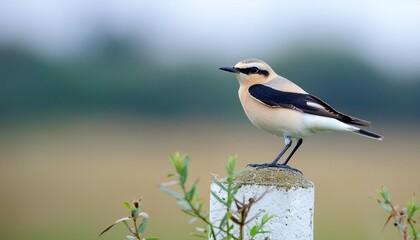the northern wheatear or wheatear oenanthe oenanthe sitting on a pole in the meadow in the netherlands