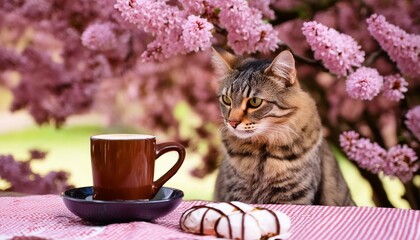 a cat is sitting on a table with a cup of coffee