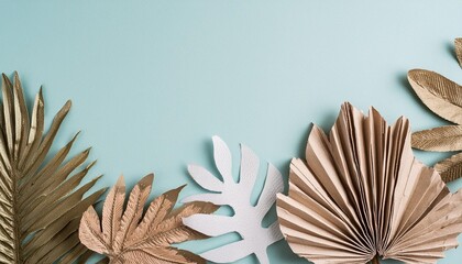 tropical leaves with soft blue background and copy space in paper cut style - Powered by Adobe