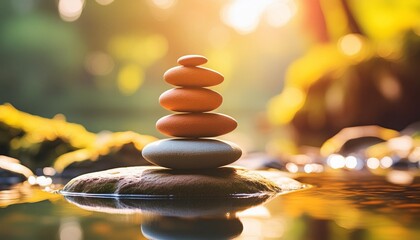 zen stone stack by a tranquil water pond wellness and meditation concept design for spa relaxation poster wallpaper close up photography with bokeh light and natural background