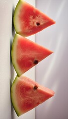 three slices of watermelon on a white background