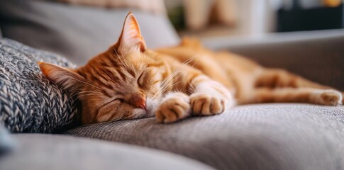 Fototapeta na wymiar Orange Tabby Cat Sleeping on Grey Sofa