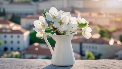 a white vase filled with white flowers on top of a table generative ai