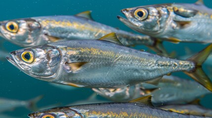 Crystal clear underwater photography  stunning close up of sardine school in bright light