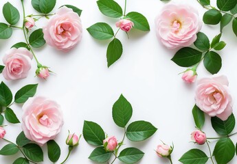 Pink Roses and Green Leaves on White Background, flat lay, top view