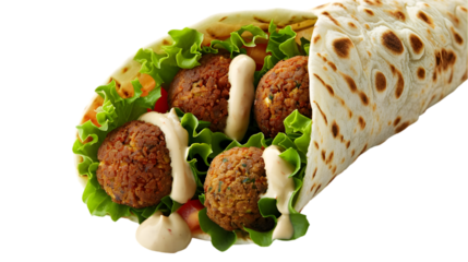  A falafel wrap bursting with falafel balls, crisp lettuce, tomatoes, and creamy sauce,, transparent background