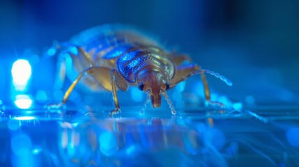 Close up of a genetically modified bed bug, designed to cleanse mattresses of harmful bacteria, crawling under UV light in a hygiene pod, sharpen with copy space