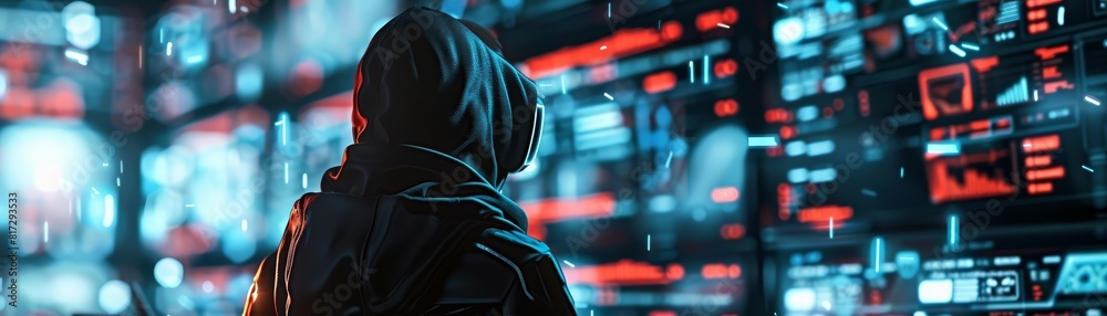 Poster close up of a hacker at work, surrounded by screens displaying breached systems, their face obscured